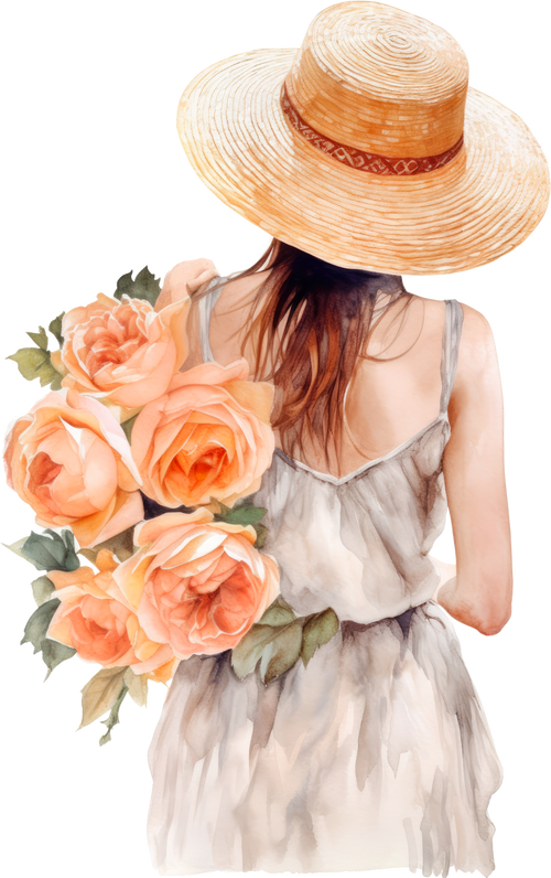 Peach Roses Flowers Girl Watercolor